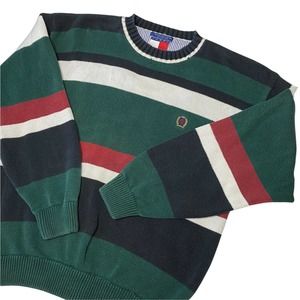 Vintage Tommy Hilfiger Striped Sweater Size XL 1990's Green Red Thick Knit Crew